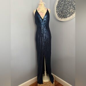 Navy Sequin V-Neck Prom Gown